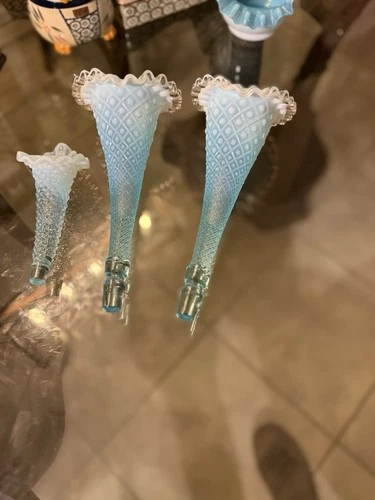 Fenton Art Glass blue opalescent hobnail three-horn epergne.