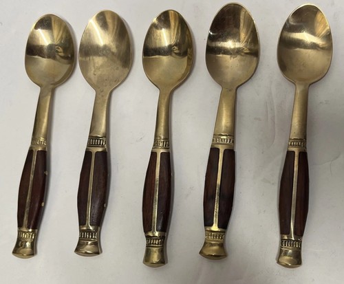 Vintage Bronze & Teakwood Demitasse Spoons in Protective Storage Case - Set of 5 - Picture 10 of 13