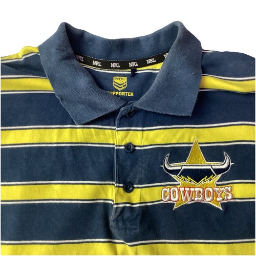 NRL Supporter North QLD Vaqueros Polo Talla L Fútbol Rayas Azul Marino Amarillo - Imagen 5 de 16
