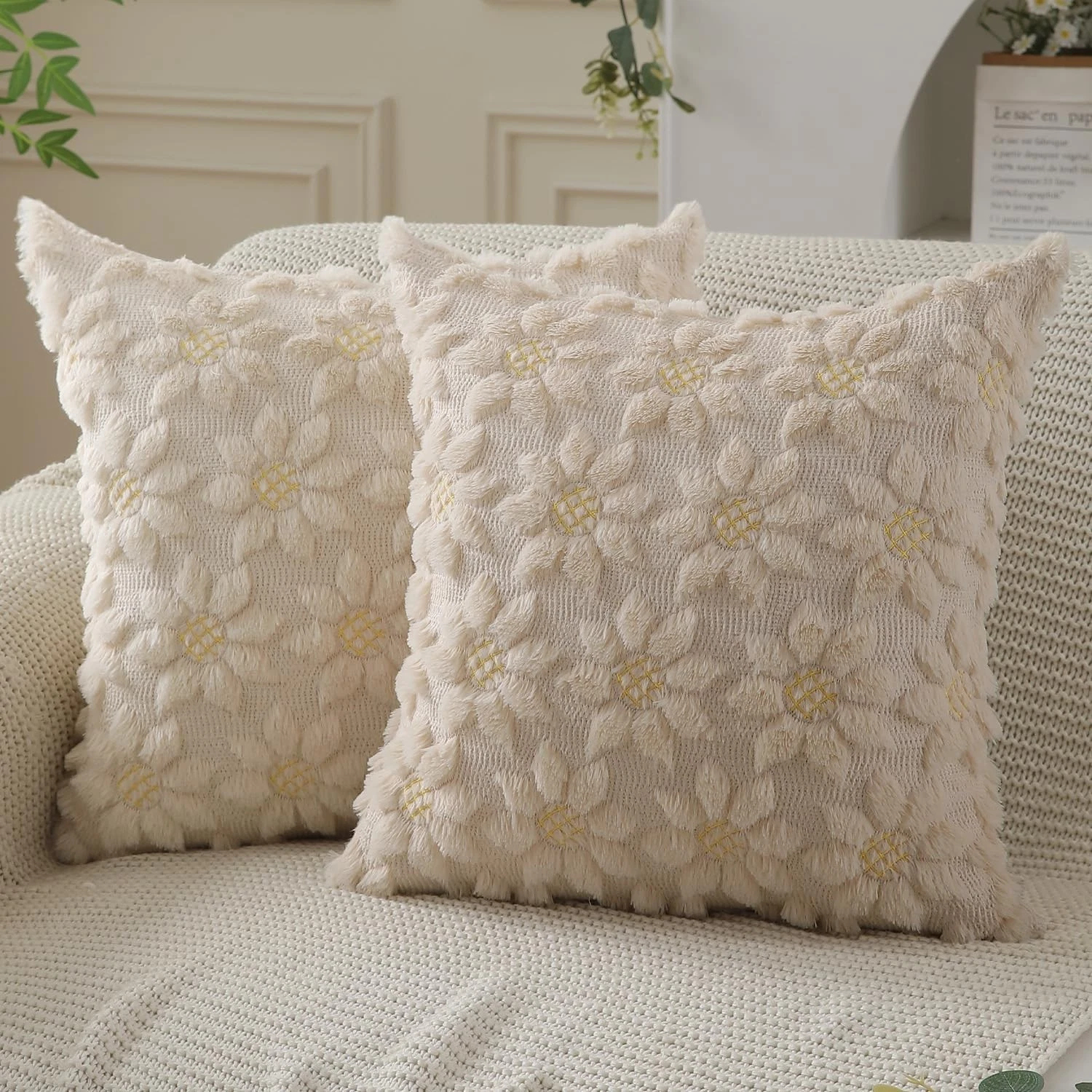 Spring Summer Pillow Covers 16x16 inch Set of 2 Farmhouse Decor Yellow Flower...