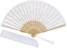Lace Bamboo Silk Handheld Folding Fan for Weddings and Dance Parties, White
