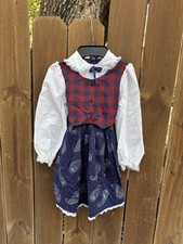 1980s Vtg Prairie Dress Flowers Red Blue Calico Lace Tiered Skirt Girls Sz 8