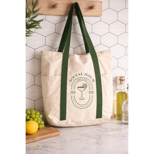 Canvas Market Tote Bag Social Hour Cheers Graphic Reusable Grocery Bag Green