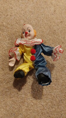 Vintage 1980er Victoria Impex Porzellan Clown Puppe biegsame bewegliche Figur 8 Zoll 