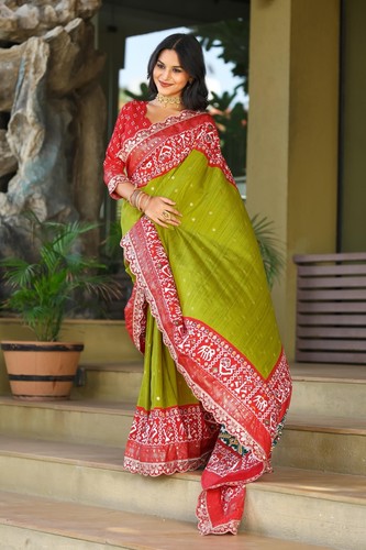Green Embroidered Patola Silk Saree For Women, Sequins Lace, Ikkat Pallu, Sari - Picture 3 of 19