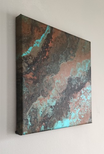 Industrial Abstract Original Canvas, Fluid Art, Acrylic Pour, Rust and Turquoise - Picture 2 of 3