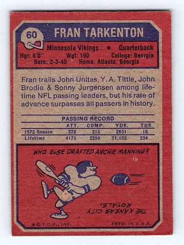 Fran Tarkenton Card 1973 Topps #60 Minnesota Vikings - Picture 2 of 2