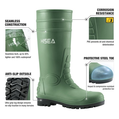 HISEA Hombres Puntera de Acero Botas de Lluvia Impermeables Pesca Caza Jardín Barro Botas de Trabajo - Imagen 39 de 64