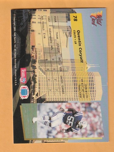 Quentin Coryatt Indianapolis Colts 1993 Wild Card #78 Texas A&M Aggies 13Y - Picture 2 of 2