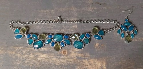 Chunky Necklace Dangle Earrings Blue Fuax Gemstones Jewelry Set Silver Outline - Imagen 5 de 5