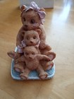 Resin 3 Bear Figurine Sitting Holding Each Other Brown W/Pink Bows Mama & Cubs