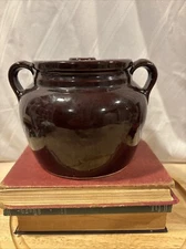 Vintage Brown Glazed Stoneware Pottery Doubled Handle Crock with Lid