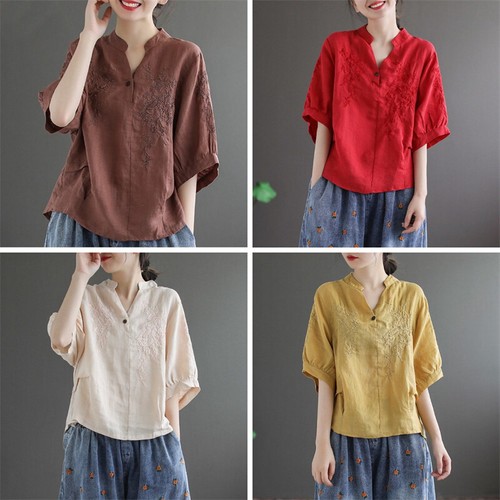 Damen Stickerei Blumen Bluse Shirt 3/4 Arm Ethno V-Ausschnitt locker lässig Retro - Bild 8 von 28