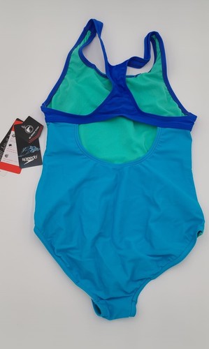 Speedo Girl's Swimsuit One Piece Mesh Splice Thick Strap Sz 14 Cyan - Picture 2 of 4