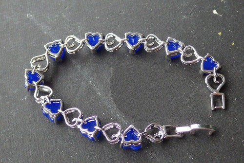 Fashion Blue Real Jade Love Heart Beads 18KGP Link Clasp Bangle Bracelet Women - Picture 5 of 5
