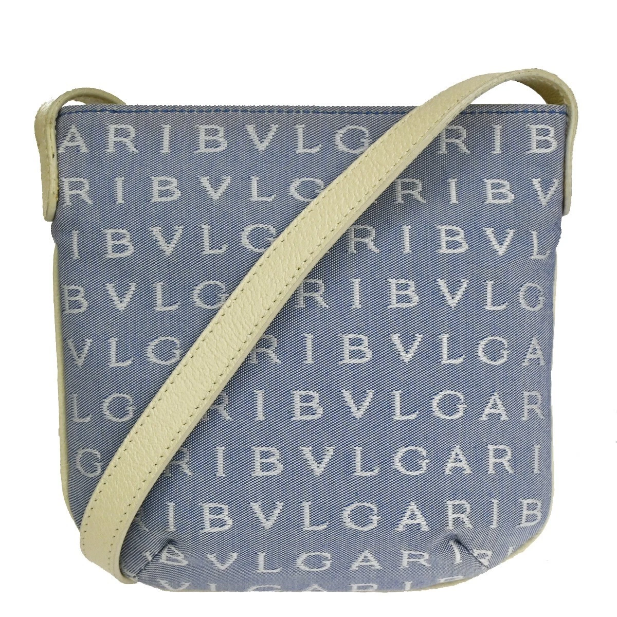 BVLGARI LOGO MANIA Crossbody Mini Shoulder Bag Canvas Leather Blue Italy  66BX713