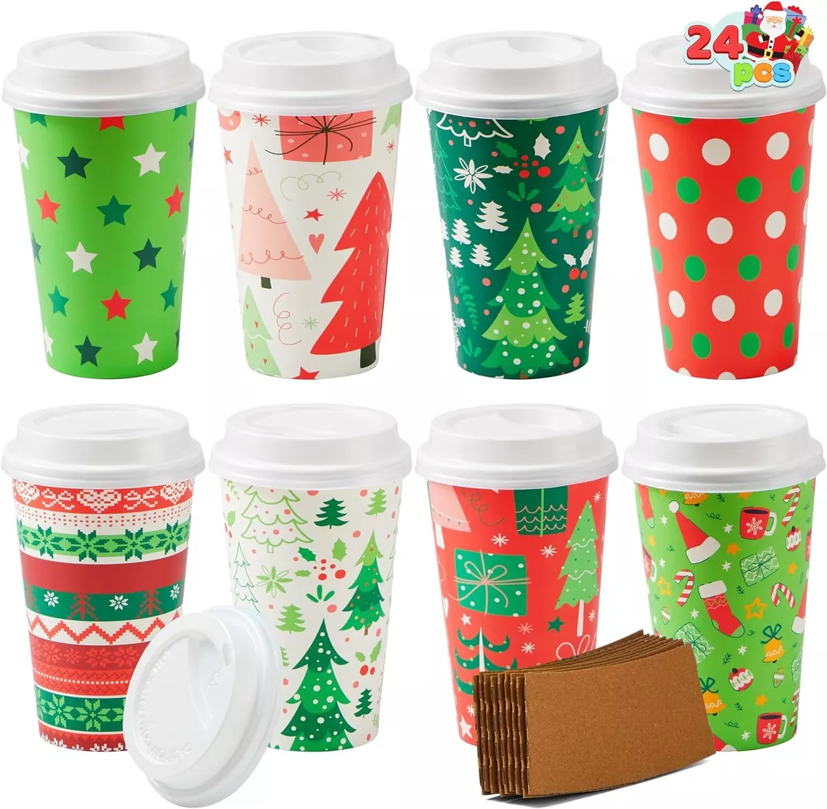 Paper Coffee Cups with Lids and Sleeves in 4 Christmas Designs (16