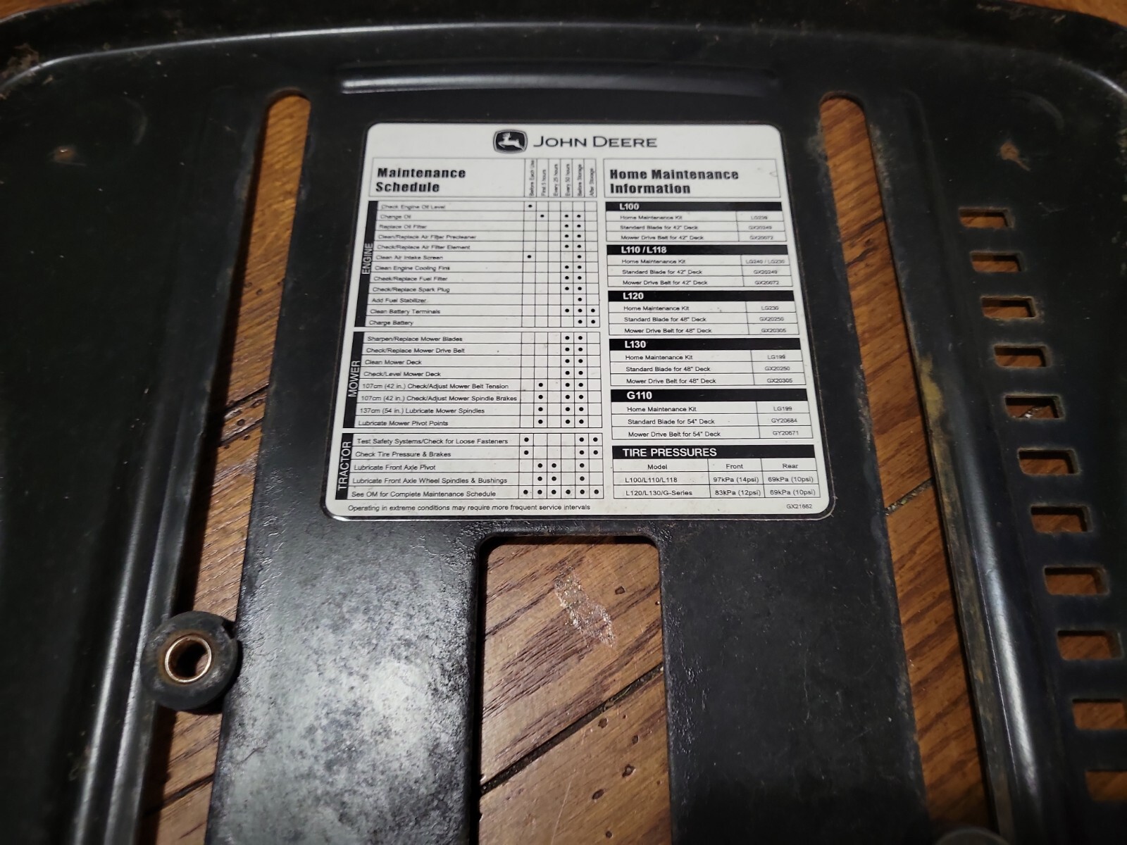 John Deere L111 Seat Mount Base Bracket 20hp/42" Riding Mower L110 L118