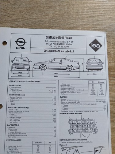 Opel Calibra 2.0 16v 2.0 Turbo 4x4 Fiche Technique Regla tech 1993 6 Pages - Picture 1 of 2