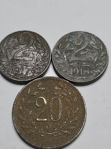 1917 Austria 2 Heller, 1918 Austria 20 Heller, and 1918 Austria 2 Heller Coins - Picture 2 of 3