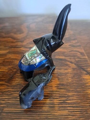 Black Onyx Pair Of Elephants With Abalone Inlay Figurines - Picture 3 of 4