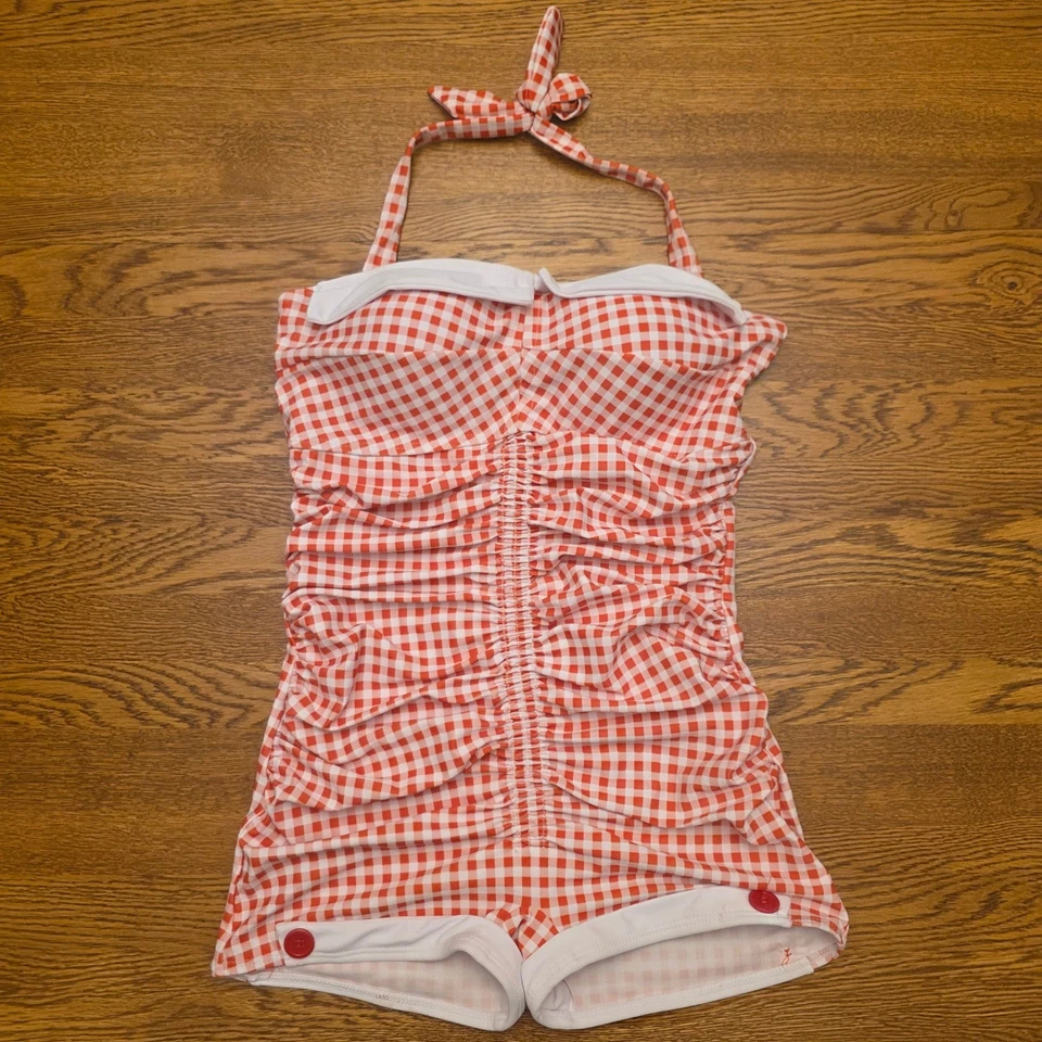 Traje de baño retro vintage inspirado rojo blanco guinga acanalada de una pieza estilo mameluco Foto 3 de 4