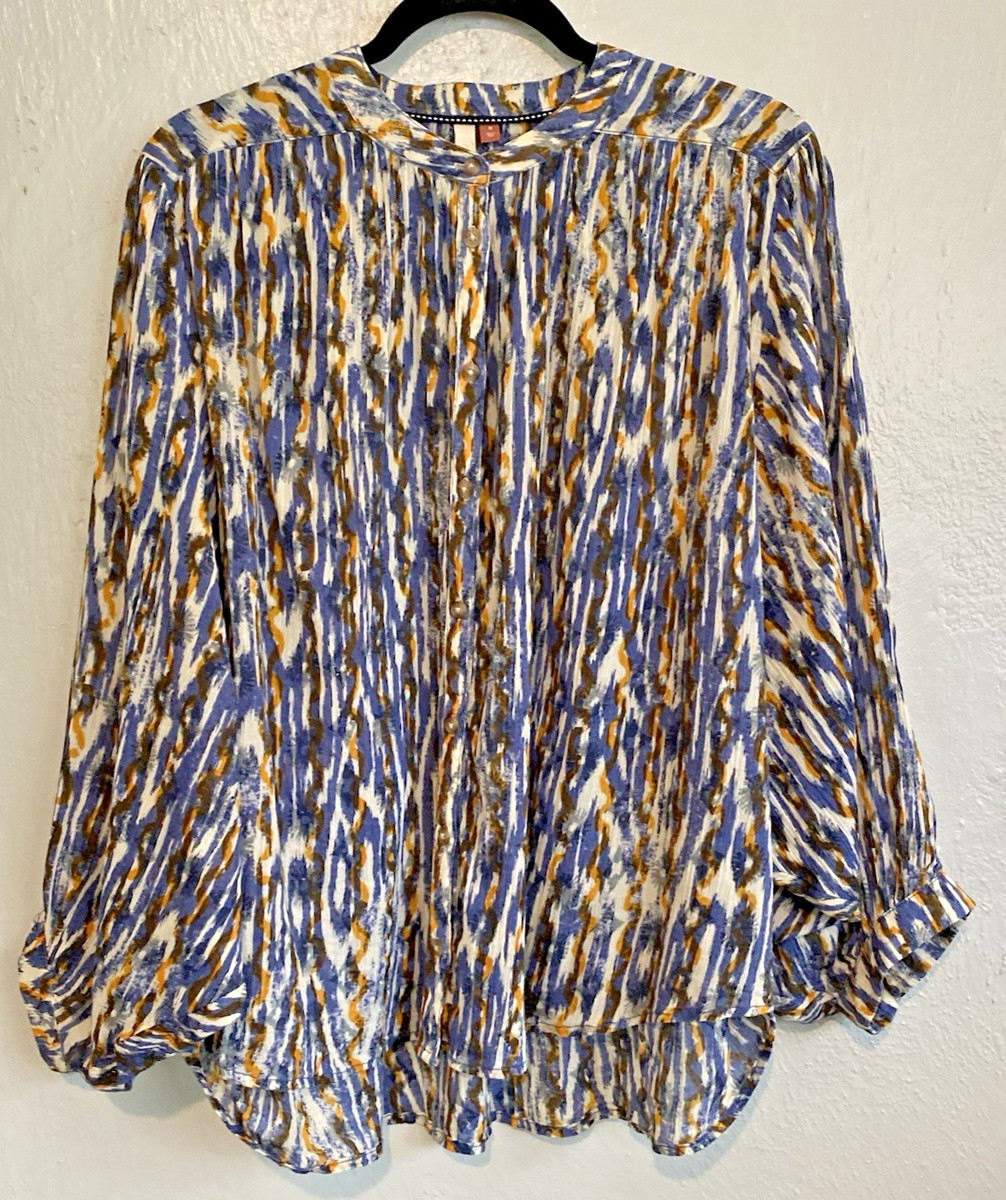 Anthropologie Pilcro Blue Yellow Batwing Ikat Boho Long Sleeve Button Top M View 2