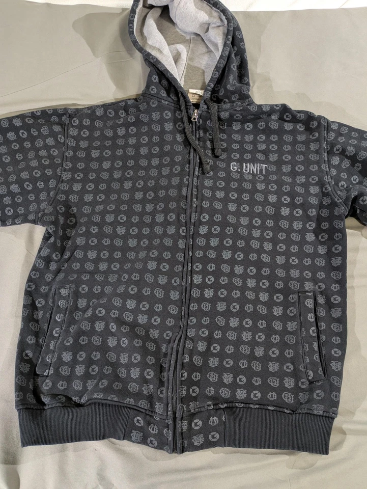 Sudadera con capucha vintage G-Unit para hombre grande negra gris cremallera completa peso pesado logotipo integral Foto 4 de 4