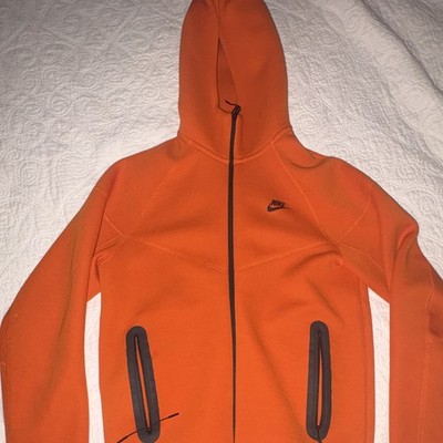 Nike Men's Orange Tech Fleece Full-Zip Hooded Hoodie w/ Pockets Logo Size S