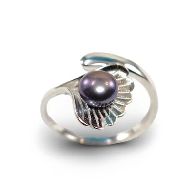 Anillo ajustable estilo concha de perlas de agua dulce negro-gris .925 de plata maciza Foto 1 de 4