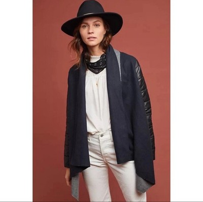 Ett:Twa Anthropologie Jacket Womens Size L Drape Front Navy Black Puffer Sleeves