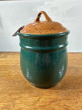 Green Speckled Ceramic Canister With Tan Lid And Seal 7 3/4" x 5 1/2"