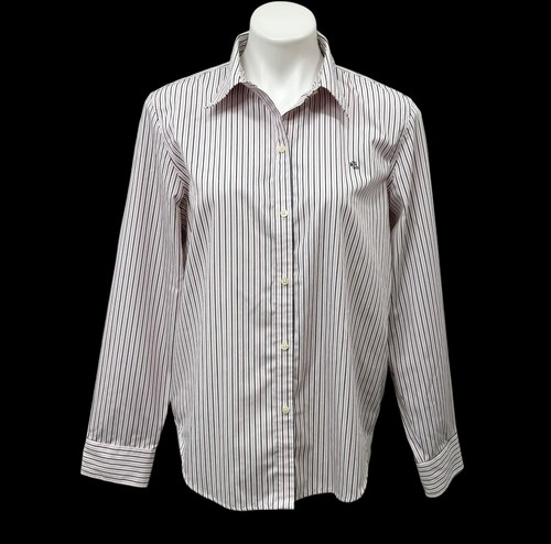 Lauren Ralph Lauren Womens Blouse L Long Sleeve White, Black, Pink Stripe Cotton