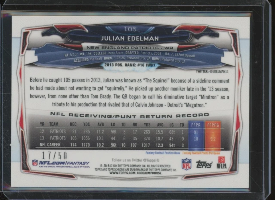 2014 Topps Chrome JULIAN EDELMAN #105 Gold Refractor /50 Patriots JA825 - Image 2 of 2