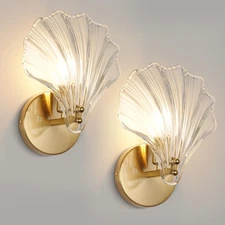 2 Pack Gold Glass Wall Sconces Crystal Wall Light with Clear Shell Shaped Gla...