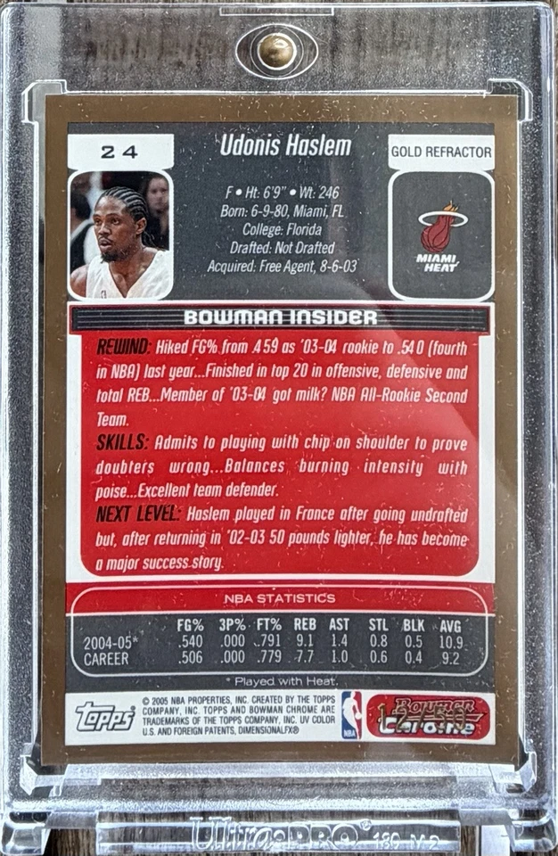 Udonis Haslem Bowman 2005 cromo #12/50 refractor de oro Miami Heat Legend 💎 Foto 2 de 2