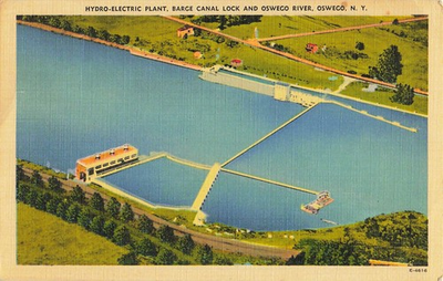 #ad Postcard: Hydro Electric Plant Barge Canal Lock Oswego River Oswego New York $3.80
