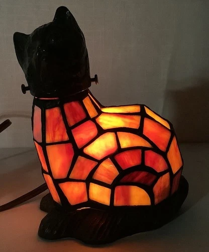 Vintage Stained Glass Cat Accent Lamp - Tiffany Style Amber/Red 7" (J)