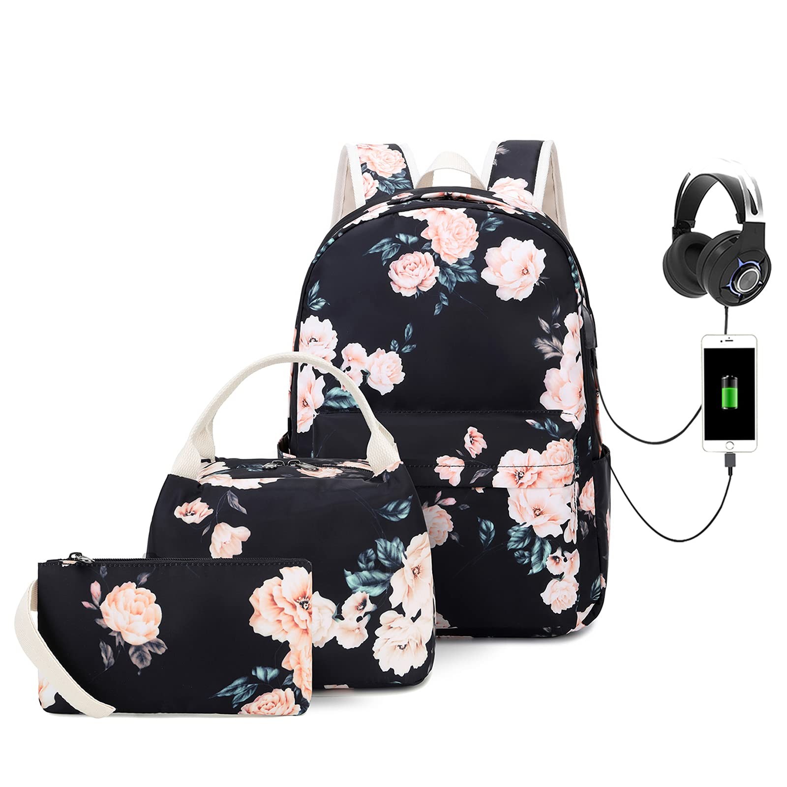 For Girls Women, School Backpack With Lunch Bag And Pencil Ba...