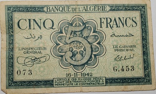 1942 Banque Del Algerie Cinq Francs World Paper Money - Picture 2 of 4