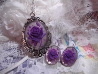Set Purple Lavender Rose Brooch Pendant Necklace Earring Cameo Wedding Setting Set Purple Lavender Rose Brooch Pendant Necklace Earring Cameo Wedding Setting