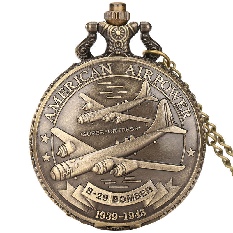 Antique U.S. Air Force  Airplane Design Unisex Quartz Pocket Watch 80cm Chain