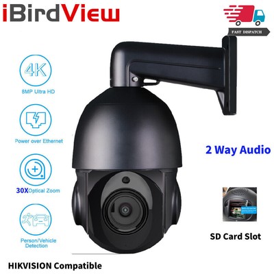 iBirdView 30X Zoom 4K 8MP POE PTZ IP Speed Dome Camera 2 Way Audio w/Card Slot