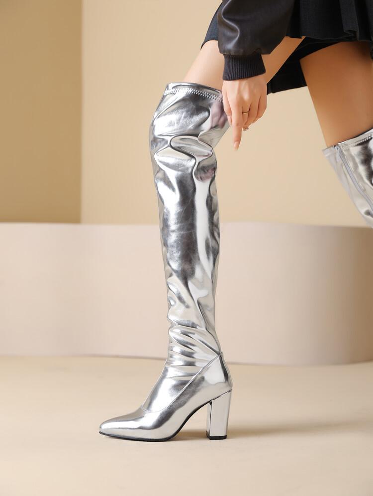 Over Knee High Boots Block Heel Pointy Toe Bright Casual