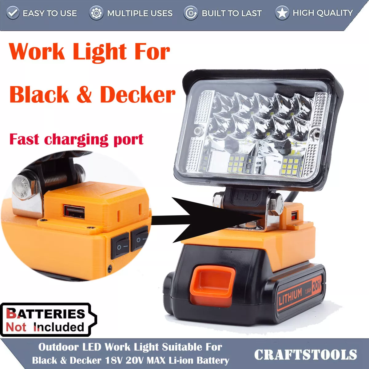 LED Work Light Suitable For Black & Decker 18V 20V MAX Lithium