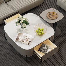 Modern Round White Grey Coffee Table with 2 Drawers Saddle Leather wrapped Home