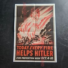 1942 WW2 US AMERICA FIRE HELP PREVENTION WAR WIN MILITARY PROPAGANDA POSTER E320