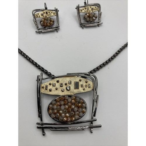 Art frame necklace earring set Jewelry Silver gun metal crystals 18" Artisan