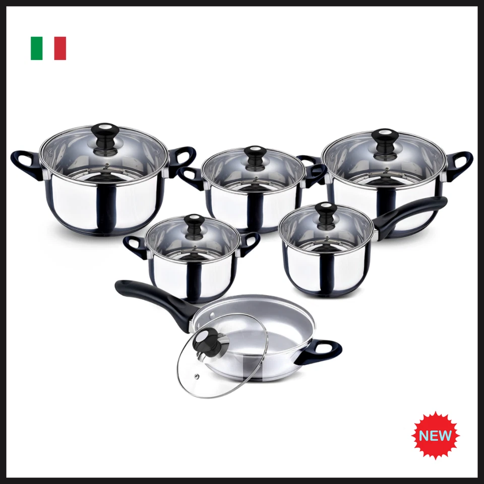 Batteria di Pentole in Acciao Inox Set 12 PEZZI Padelle Argento per Cucina Casa - Immagine 2 di 4