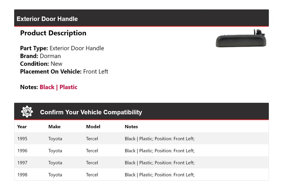 Manija de puerta exterior delantera izquierda para Toyota Tercel Dorman 1995-1998 1996 1997 Foto 2 de 4